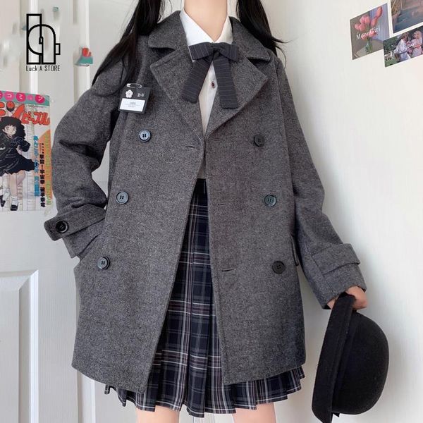 

women's wool & blends luck a japanese jk woolen coat women winter preppy style suit collar double breasted solid midi overcoat loli jac, Black