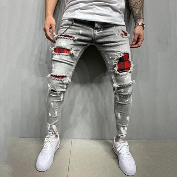 

men's jeans fashion men solid color patchwork skinny fit ripped stretch denim pants, Blue