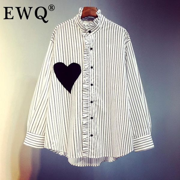 

[ewq]striped shirt loose medium length white for women long sleeve stand collar fashion tide 2021 spring 3gd247 women's blouses & shirt