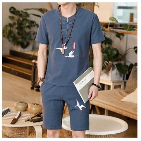 

chinese style short sleeve shorts t-shirt sportswear leisure trend embroidery cotton linen men's wear, Gray