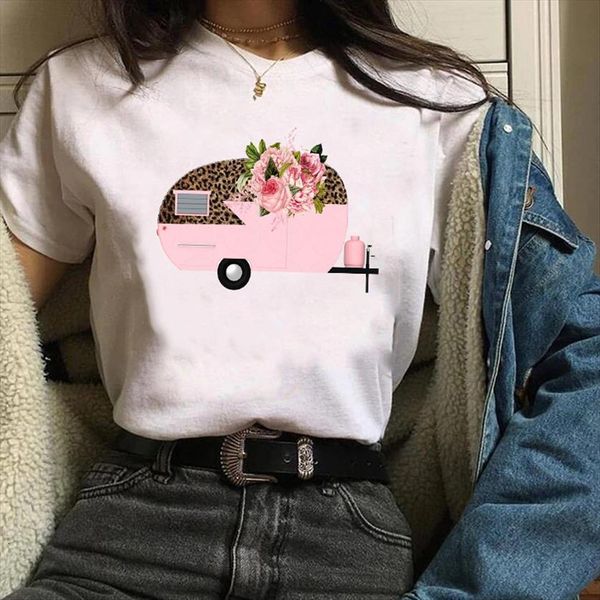 

graphic leopard camper truck womens t shirts vacation cute 90s print clothes tees female shirt, White