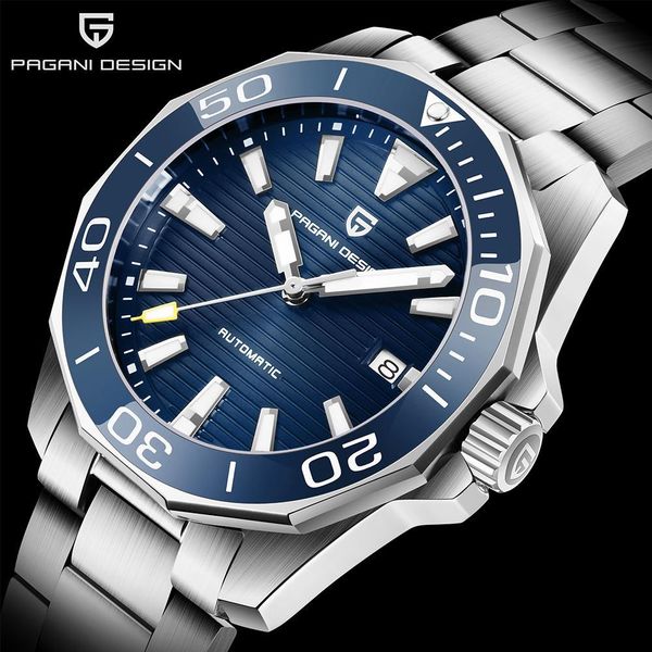 

pagani design brand men watches automatic mechanical wristwatch luxury sapphire glass stainless steel waterproof 100m calendar, Silver