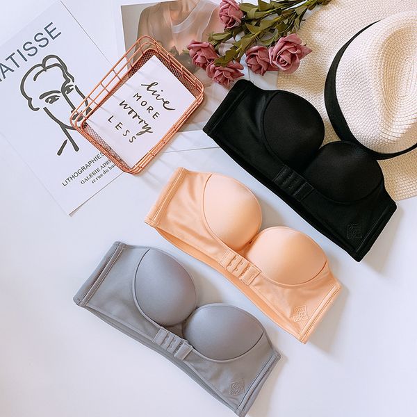 

qq sugar strapless underwear invisible anti slip small bra women without steel ring front buckle gathered up, Black;white