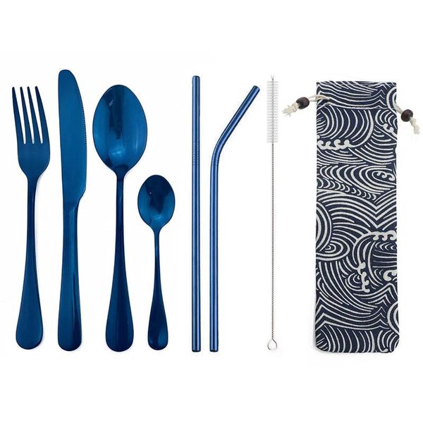 

8pcs/set blue stainless steel portable set flatware with dinnerware cutlery luxury mirror silverware bag straws travel for sets