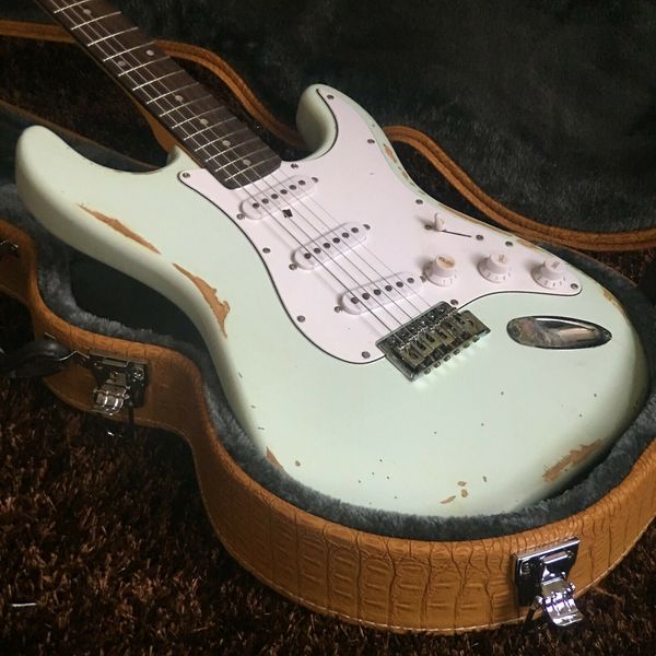 

production plant custom made electric guitar light blue retro