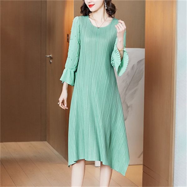

dress miyake fashion thin solid sleeve beaded a-line, Black;gray