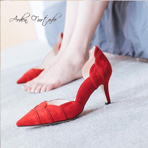 

dress shoes arden furtado summer fashion 2021 women's pointed toe stilettos heels elegant ruffles red pumps wedding 33, Black