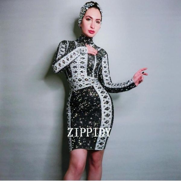 

casual dresses full black white rhinestones spandex dress dj female singer dance wear nightclub prom show birthday celebrate, Black;gray