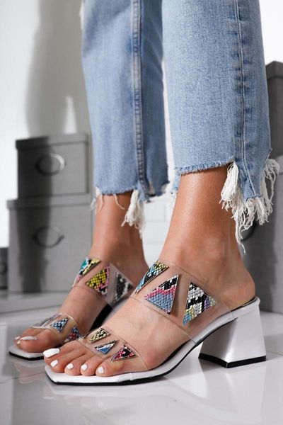 

women's white leather belt square nose snake looking transparent low-heeled slippers 2021, Black