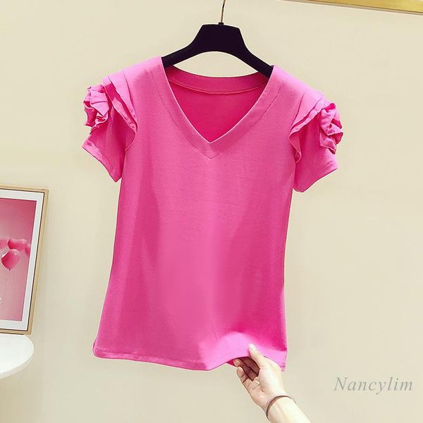 

women's t-shirt summer 2021 korean style sweet elegance shoulder three-dimensional flower v-neck shor sleeve slim casual, White