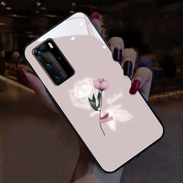 

hidden rose flower glass fundas case for huawei p20 p30 p40 mate 20 30 40 pro plus led luminous remind incoming bumper cell phone pouches