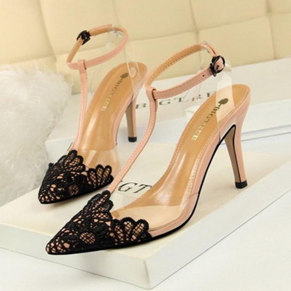 

dress shoes summer fashion pvc transparent barefoot fine with high heels lace pointed-toe t-strap sandals, Black