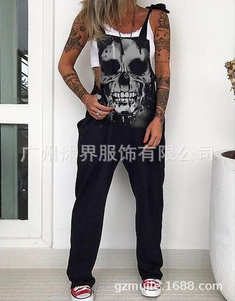 

punk skull print jumpsuit fashion womens capri streetwear sleeveless strappy overalls spring summer casual loose pocket romper, Black;white