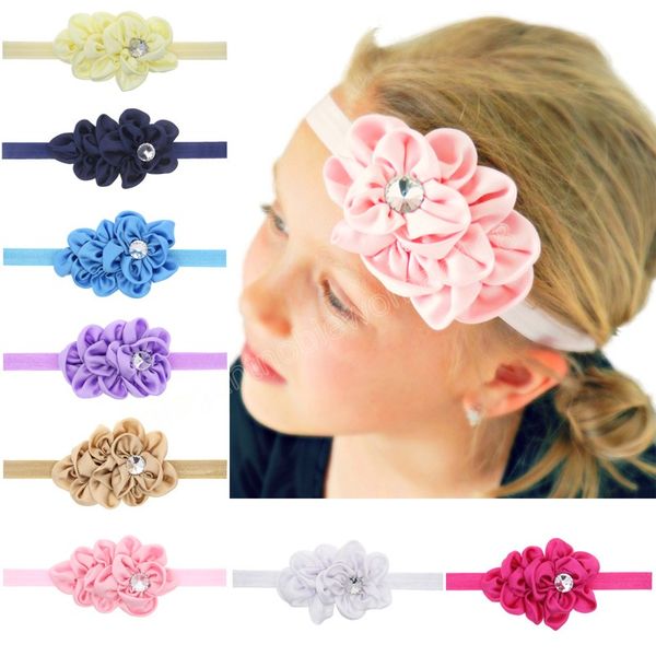 

12 colors baby girls chiffon flower hairband with glass beads fashion folded floral elastic headband toddler hair accessories, Silver