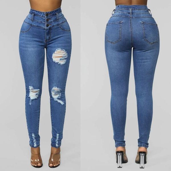 

jeans women casual skinny pocket high waist denim pants trousers women's, Blue