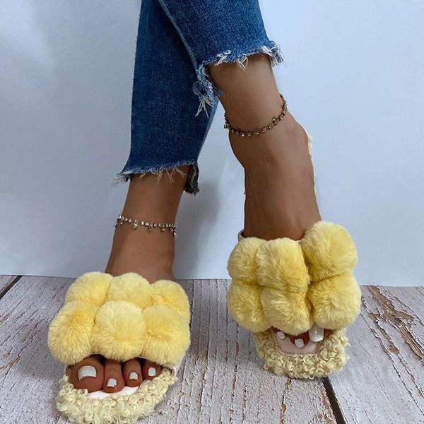 

women fur slippers winter slides fluffy furry sandals woman flip flops home ladies plush shoes, Black