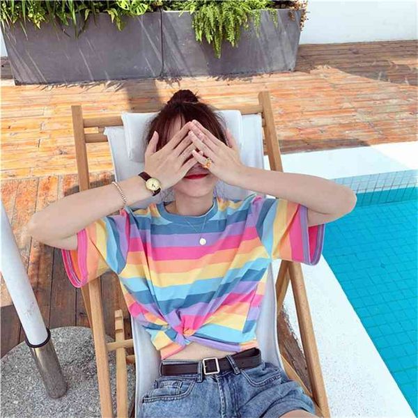 

dreamlikelin beach style rainbow striped crop fashion girl short sleeve t shirt for women summer female kawaii 210708, White