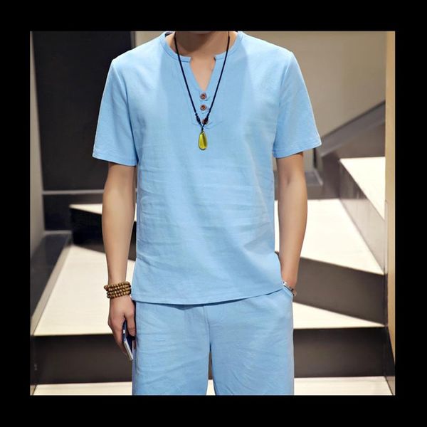 

men's tracksuits summer linen short-sleeved t-shirt + shorts two-piece suit set comfortable breathable thin cotton and casual, Gray