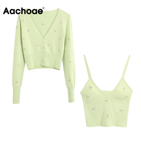 

aachoae women sweet floral embroidery knitted 2 piece set spaghetti strap crop with long sleeve cardigan two piece outfits 210413, White