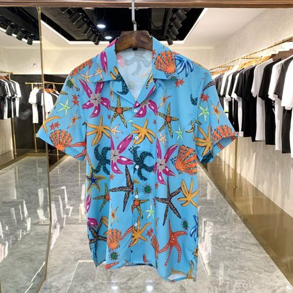 

men's casual shirts 2021 summer fashion starfish printed shirt trend brand party cardigan street lapel short sleeve, White;black