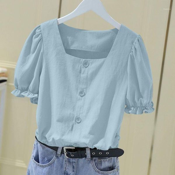 

women's blouses & shirts square collar french short-sleeve shirt women solid crop summer blouse 2021 loose puff sleeve ladies blusa, White