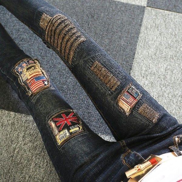 

women's jeans 2021 summer women denim pants all-match high waist embroidery badge national flag hole slim female pencil jean, Blue