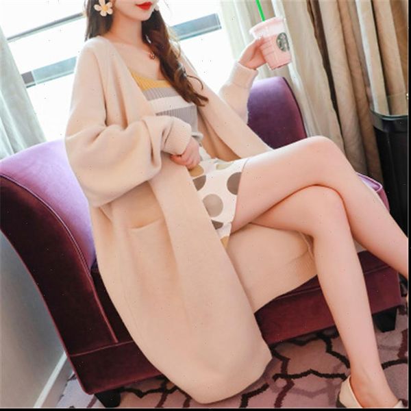 

beige green cardigan long knees women sweater solid full sleeve pockets autumn loose jacket pz2644, White;black