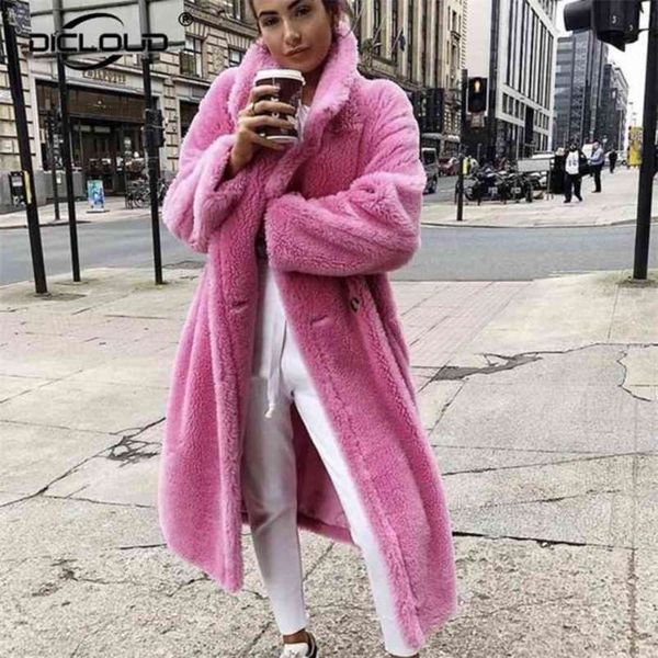 Cappotto lungo rosa con orsacchiotto Cappotto invernale donna spesso caldo Capispalla oversize grosso soprabito Donna Cappotto in pelliccia sintetica di lana d'agnello 210925