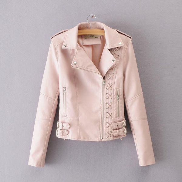 

women's leather & faux fashion lace up pu jacket women black pink zipper motocycle biker spring antumn punk rock coat chaqueta mujer