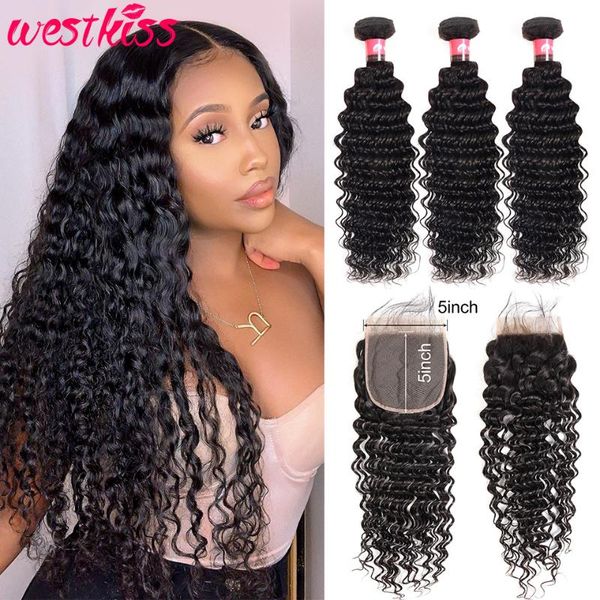 

human hair bulks brazilian deep wave bundles with closure swiss lace 5x5 west kiss remy, Black