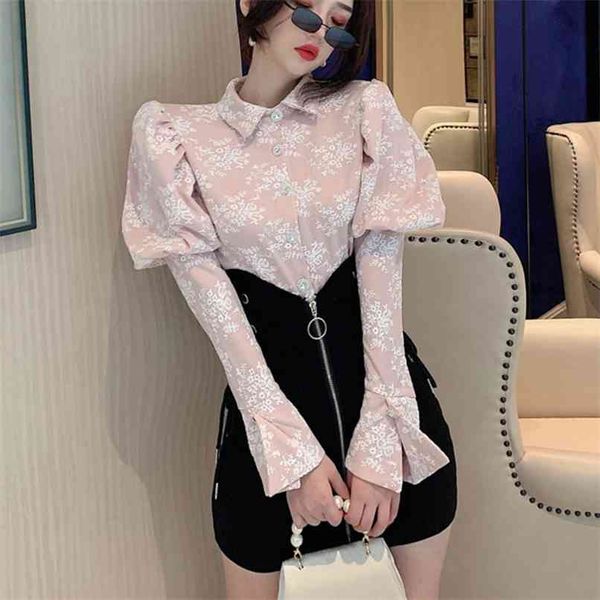 

korean chic elegant two piece set women puff sleeve jacquard blouse shirt + zipper lacing high waist bodycon skirt suits 210602, White