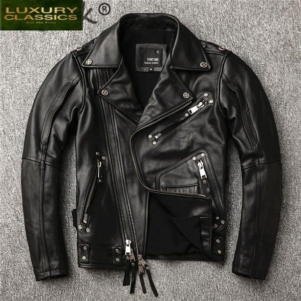 

men's leather & faux natural real cow jacket men clothing 2021 streetwear motorcycle 100% genuine man hommes veste lw, Black