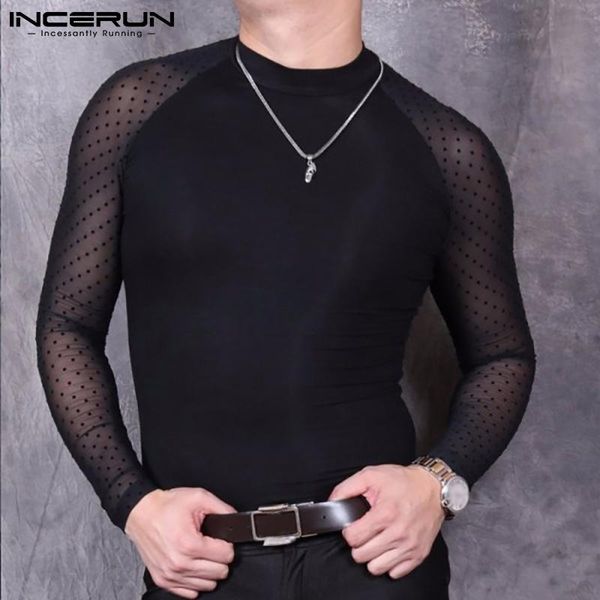 

men's t-shirts 2021 fashion men mesh patchwork t shirt streetwear o neck long sleeve see through party nightclub camisetas incerun, White;black
