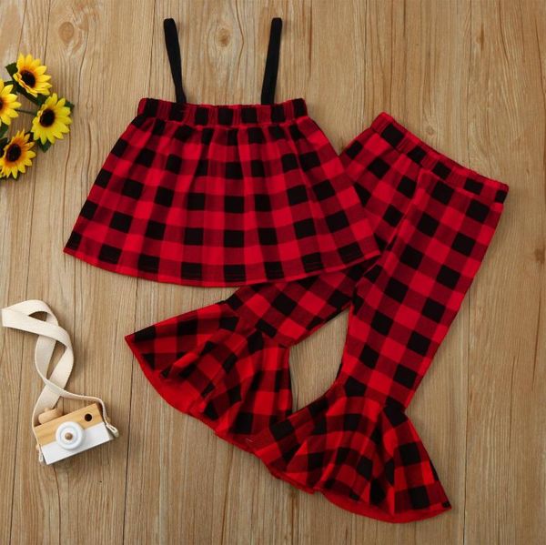 

clothing sets toddler kids baby girls sete summer fashion red sleeveless plaid suspender vest + flared printing pants outfits 6m-4y #g2, White