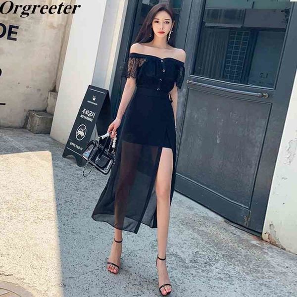 

temperament ladies summer two piece set off shoulder ruffles lace cropped and high split chiffon skirts suits 210525, White
