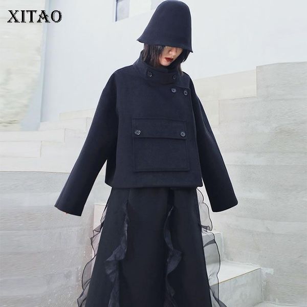 

women's jackets xitao personality big pocket black jacket women clothes 2021 fashion short plus size stand collar elegant coat xj2413, Black;brown