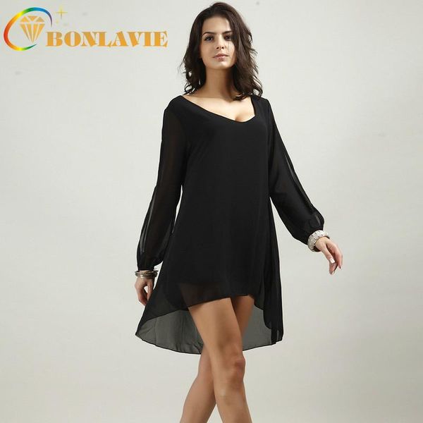 

casual dresses women chiffon dress solid color v-neck empire waist long sleeve summer fashion loose type clothing size s to 2xl, Black;gray