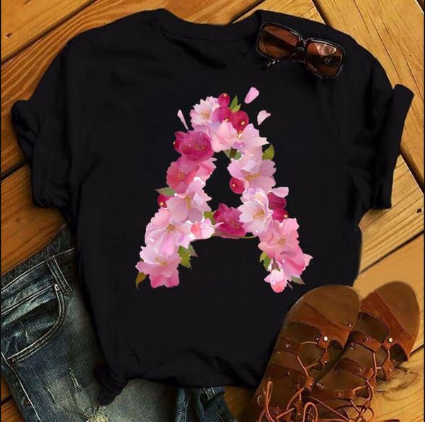 

spring alphabet with pink flowers a b c d print t shirt women t shirt customize name t shirt short sleeve female woman tee top, White