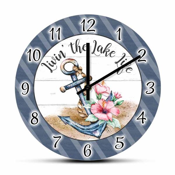 

wall clocks living the lake life floral anchor sign modern designer seaman clock beach house nautical artwork marine sailor home decor