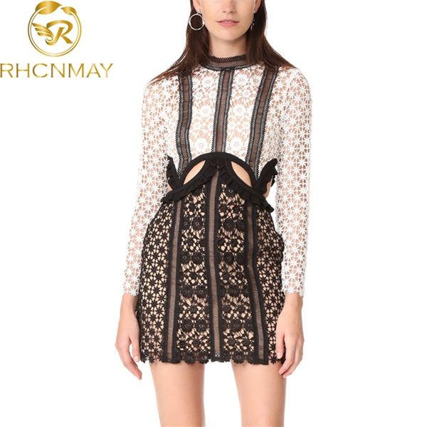 

summer self portrait dress runway women long sleeve lace patchwork dew waist hollow out bodycon mini party 210506, Black;gray
