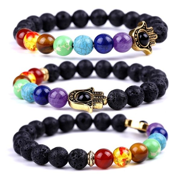 

natural rainbow men beads 7 chakra lava gemstone diffuser hamsa hand bracelet, Black