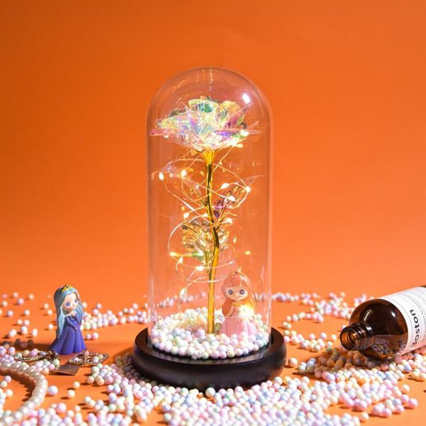 Ghirlande di fiori decorativi Lamina d'oro creativa LED Copertura in vetro Rosa Regalo di San Valentino Bambola di fiori di simulazione Ornamento desktop luminoso B