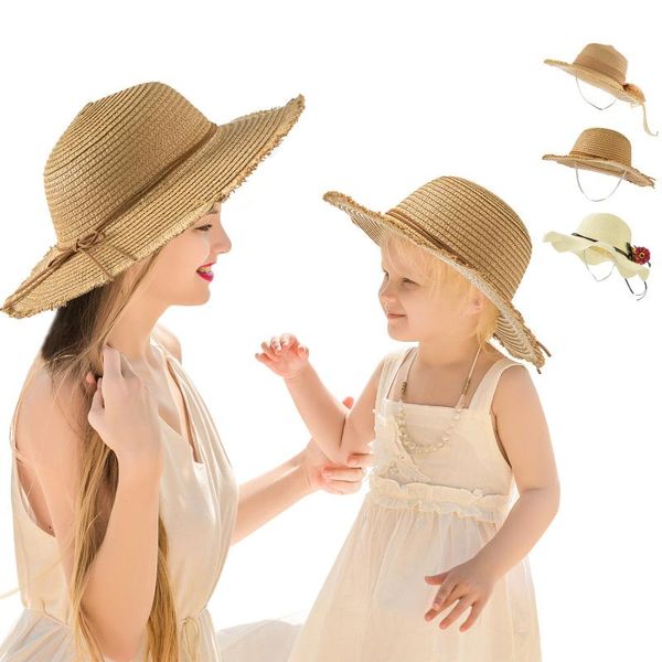 

women children caps wide-brimmed panama beach sun hat, breathable children's sunscreen parent-child straw hat wide brim hats, Blue;gray
