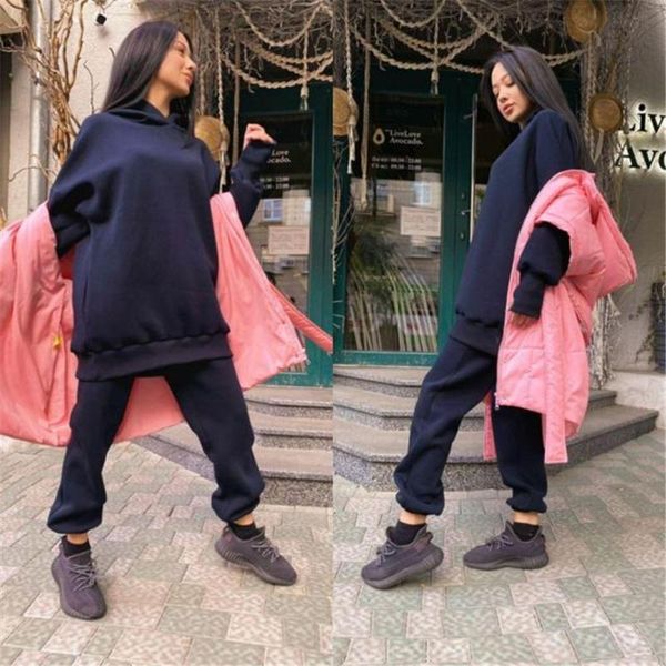 

women's two piece pants 2021 hooded sweatshirt set autumn long sleeve warm loose casual wear korean fashion, White