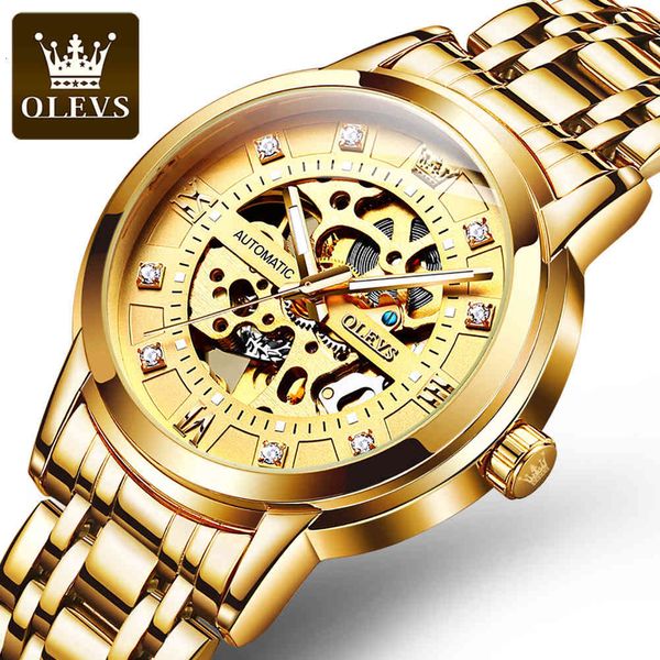 

olevs luxury brand durable men clock automatic mechanical quality rustless steel gold skeleton dial male, Slivery;brown