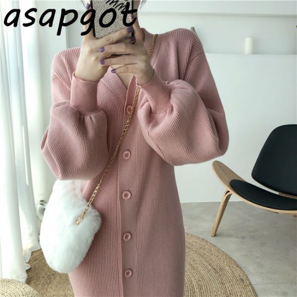 

autumn v neck single breasted sweater dress long lantern sleeve knitted straight cardigan sweet fashion chic elegant 210429, Black;gray
