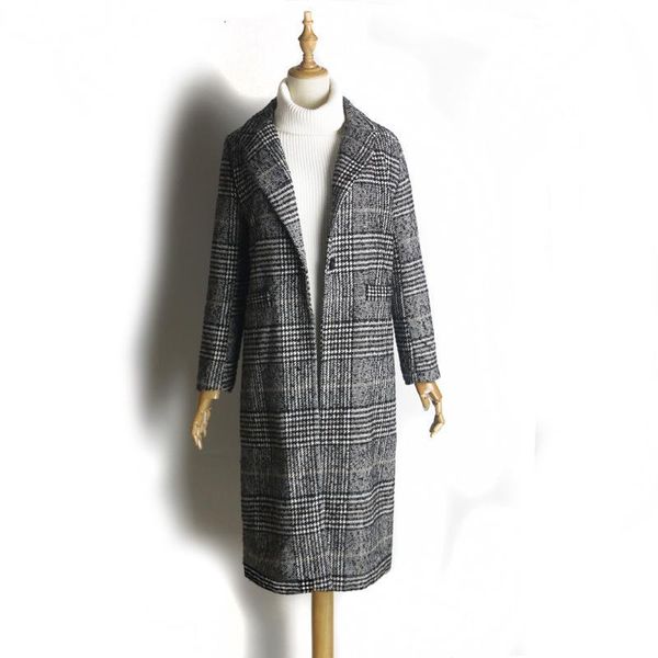 

women's wool & blends women coat plaid loose long single breasted woolen coats winter overcoat jackets trench wj54, Black