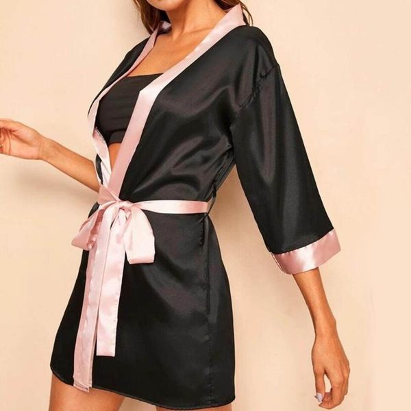 

women's sleepwear ladies nightgrown creative patchwork sashes soft women autumn nightdress fashion three quarter sleeves female, Black;red