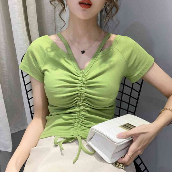 

women's t-shirt cotton t-shirt with sequins and drawstring, v-neck cleavage, short sleeve, summer , women's clothes scls, White