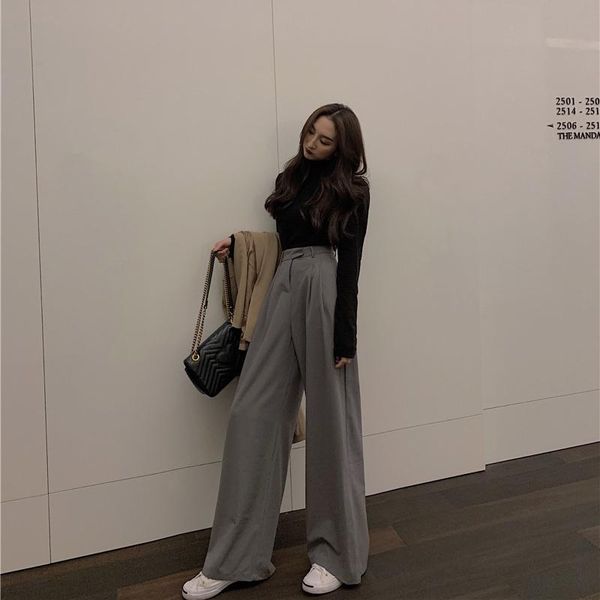 

women's pants & capris women loose summer soft ice silk ankle-length black wide leg grey khaki high waisted trousers stacked, Black;white